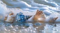 Experience tranquility with blue and white seashells adorning a soothing water wave. Nature\'s beauty. Ai Generated