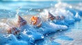 Experience tranquility with blue and white seashells adorning a soothing water wave. Nature\'s beauty. Ai Generated