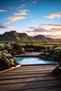 Serene Geothermal Spa in Iceland: Turquoise Hot Springs, Wooden Deck, and Majestic Mountains