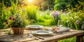 Enchanting Outdoor Dining Rustic Table Setting with White Plate and Cutlery Inspired by Natures Beauty for Farmhouse Royalty Free Stock Photo