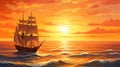 A Ship Glides through Calm Waters, Warm Hues Painting the Canvas of Sea, Sails Bathed in Gentle Glow.