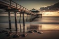 Experience the Tranquility of a Rustic Wooden Dock at Sunset with Serene Water Reflections, ai generative Royalty Free Stock Photo