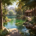 Photorealistic Serene Oasis with Mirror-like Surfaces