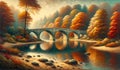 Autumn Serenity: Stone Arch Bridge over Quiet Lake, nature painting, landscape background