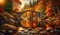 Autumn Serenity: Stone Arch Bridge over Quiet Lake, autumn season, landscape background