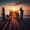 Tranquil Sunset: Fishing on Old Wooden Bridge Overlooking Mountains and Sea. Royalty Free Stock Photo