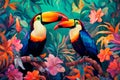 Tropical Serenity: Toucans in a Verdant Garden Royalty Free Stock Photo