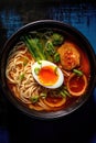 Savory Close-Up Shot of a Bowl of Ramen Soup with Half a Boiled Egg Royalty Free Stock Photo