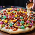 Sweet and Savory Harmony: Gummy-Topped Pizza Extravaganza Royalty Free Stock Photo