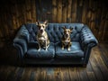 A Drone\'s-Eye View of Happy Dogs Relaxing on a Blue Couch in a Cozy Living Royalty Free Stock Photo