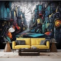 Urban Cityscape Wallpaper with Vibrant Graffiti Art