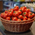 Tomatoes in a basket sold in a supermarket. Fresh red tomatoes.
