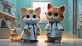 Caring Companions: Two Cats in White Coats and Stethoscopes at a Veterinary Clinic AI Generated
