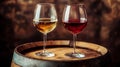 Experience wine tasting in a rustic cellar with red and white wine glasses on an oak barrel Royalty Free Stock Photo