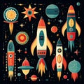 Vintage-inspired Rockets Surging through Space with Art Deco Designs