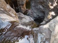 Experienced athletes wait after the descent with equipment for a rappel on a waterfall on the Black Gorge on the banks of the