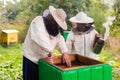 Experienced beekeeper teaches his son caring for bees. Concept of transfer of experience Royalty Free Stock Photo