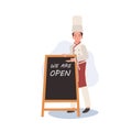 Experienced Chef in Friendly Gesture. Male Chef Inviting with Welcoming Gesture near welcome board. Flat vector cartoon