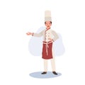 Experienced Chef in Friendly Gesture. Male Chef Inviting with Welcoming Gesture. Flat vector cartoon illustration