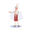 Experienced Chef in Friendly Gesture. Male Chef Inviting with Welcoming Gesture. Flat vector cartoon illustration