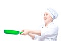 experienced chef throws up food in a pan, emotional portrait on a white background