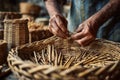 An experienced craftsman is focused on weaving thin reeds into a basket, showcasing traditional techniques in a rural workshop Royalty Free Stock Photo