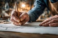 Experienced craftsman sketching detailed plans with precision on paper in a warm workshop setting filled with creative tools and Royalty Free Stock Photo