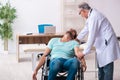 Experienced doctor and young male patient in wheel-chair