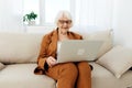 an experienced, elderly woman is sitting on a sofa in a brown suit, holding a video conference on a laptop, passing on