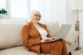 an experienced, elderly woman is sitting on a sofa in a brown suit, holding a video conference on a laptop, passing on