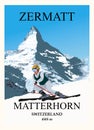 Experienced Female Skier Glides On Skis Against The Backdrop Of The Matterhorn Mountain. Zermatt Ski Resort Vintage
