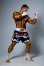 An experienced fighter kickboxer in a fighting stance. Royalty Free Stock Photo