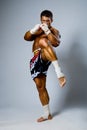 An experienced fighter kickboxer kick. Royalty Free Stock Photo