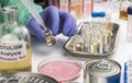 Experienced laboratory scientist analyzing a sample from a canned food can, botulism infection in sick people