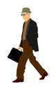 Experienced lawyer with suitcase walking vector. Elegant senior gentleman. Mature businessman. Old school teacher. Man in suit.