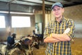 Experienced livestock farm worker standing in goat stall Royalty Free Stock Photo