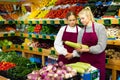 Experienced saleswoman instructing young trainee salesgirl in greengrocery store