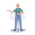 Experienced Senior Advising. Senior man with cane stick is introducing , giving suggestion. Flat vector cartoon illustration