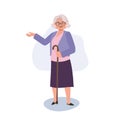 Experienced Senior Advising. Senior Woman with cane stick is introducing , giving suggestion. Flat vector cartoon illustration