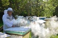 Experienced senior apiarist is setting a fire in a bee smoker Royalty Free Stock Photo