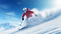 Experienced skier gracefully skiing downhill on a sunny day in the magnificent high mountains Royalty Free Stock Photo