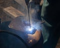 An experienced welder at work. Preparation and welding process of cast iron furnace. Selection focus. Shallow depth of field Royalty Free Stock Photo