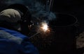 An experienced welder at work. Preparation and welding process of cast iron furnace. Selection focus. Shallow depth of field Royalty Free Stock Photo