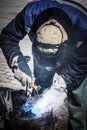 An experienced welder at work. Preparation and welding process of cast iron furnace. Selection focus. Shallow depth of field. Royalty Free Stock Photo