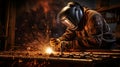 Experienced worker performing precise welding with an arc welder, creating sparks and melting metal