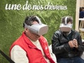 Experiencing virtual reality at International agriculture meeting at Paris, France. Mature adult guy wearing innovative vr headset