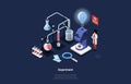 Experiment Concept Vector Illustration On Dark Background With Text. Isometric Composition In Cartoon 3D Style. Female Royalty Free Stock Photo