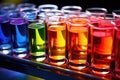 experiment tubes containing brightly colored liquids in a lab tray