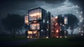 Experimental architecture design, creative, visualization with evening illumination, neural network generated art
