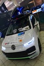 Experimental autonomous vehicle with cameras and other devices attached, made from racing tuned Volkwagen Up